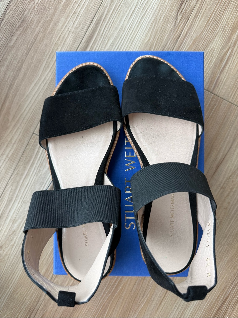Stuart Weitzman Black Open-Toe Suede & Elastic Strap Sandals